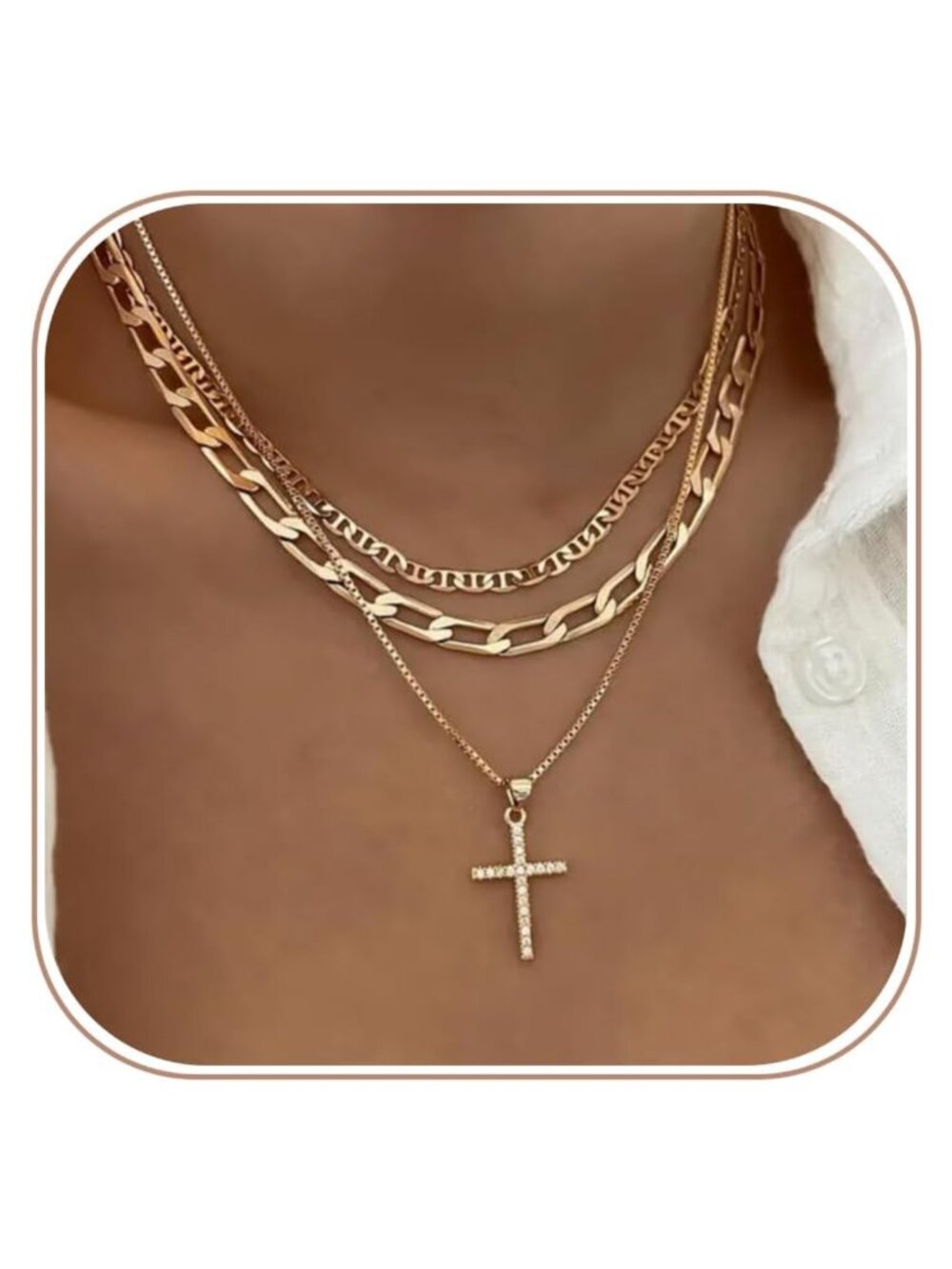 14K Gold Plated Layered Necklace Set 3Pc Cross Pendant
